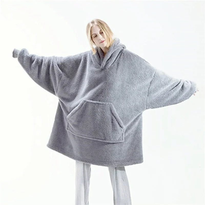 Women’s Winter Hooded Fleece Jacket – Thick, Warm, Solid Color Pullover with Pockets, Elegant Unisex Long Hoodie for Home Wear