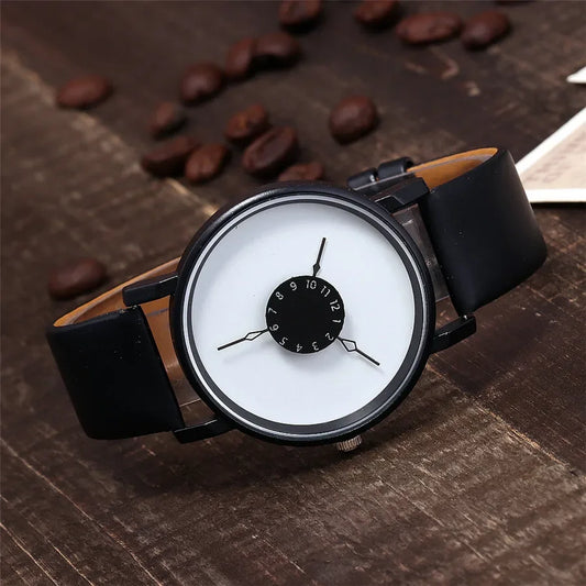 Popular Reverse Pointer Couple Watch – Simple Black & White Quartz Wristwatch for Women & Men