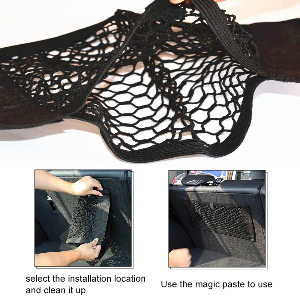 Universal Car Back Rear Trunk Organizer | Elastic Mesh Seat Net with Magic Sticker | Convenient Storage Bag Pocket for Auto Organization