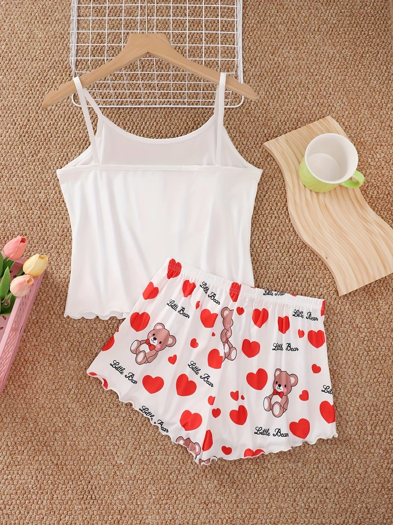 Women’s Love Bear Pajama Set - Cute Crop Top & Shorts Summer Loungewear Sleepwear Home Wear