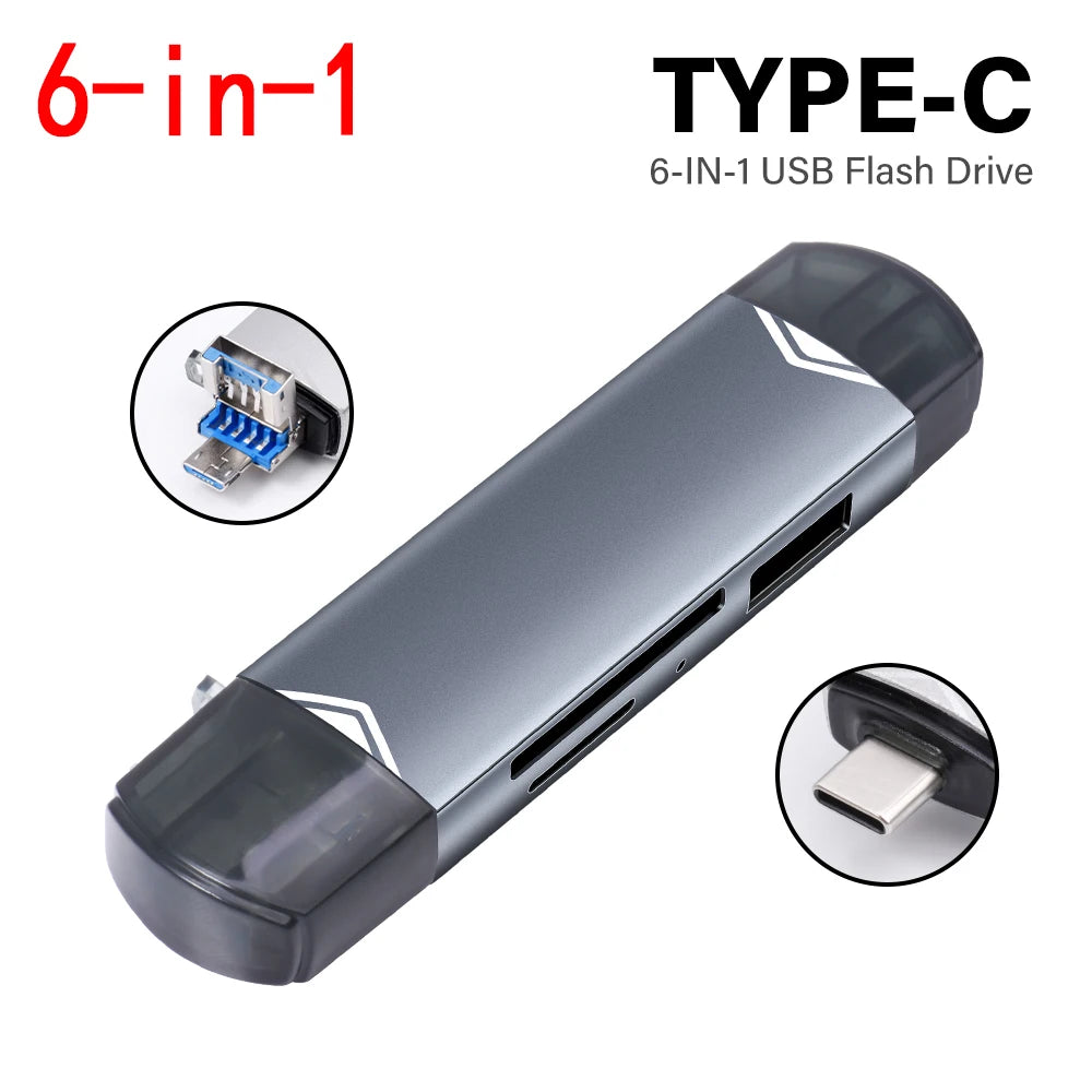 JASTER 6-in-1 USB 3.0 Card Reader – Type-C/USB TF/SD Adapter Flash Drive for Phone & Laptop