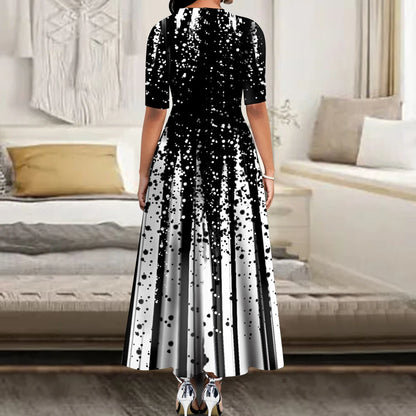 Women’s Elegant Long Party Dress 2024 – Loose Retro Printed Casual Dress with Round Neck & Short Sleeves