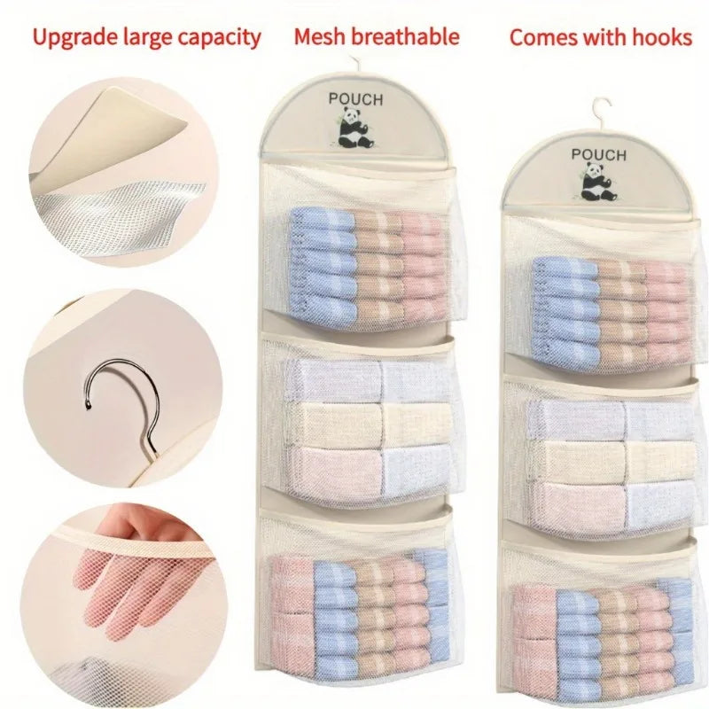 3-Tier Hanging Underwear & Socks Organizer - Wall-Mounted Mesh Storage Bag with Visible Pockets