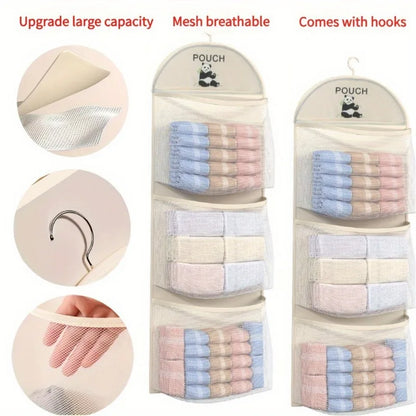 3-Tier Hanging Underwear & Socks Organizer - Wall-Mounted Mesh Storage Bag with Visible Pockets