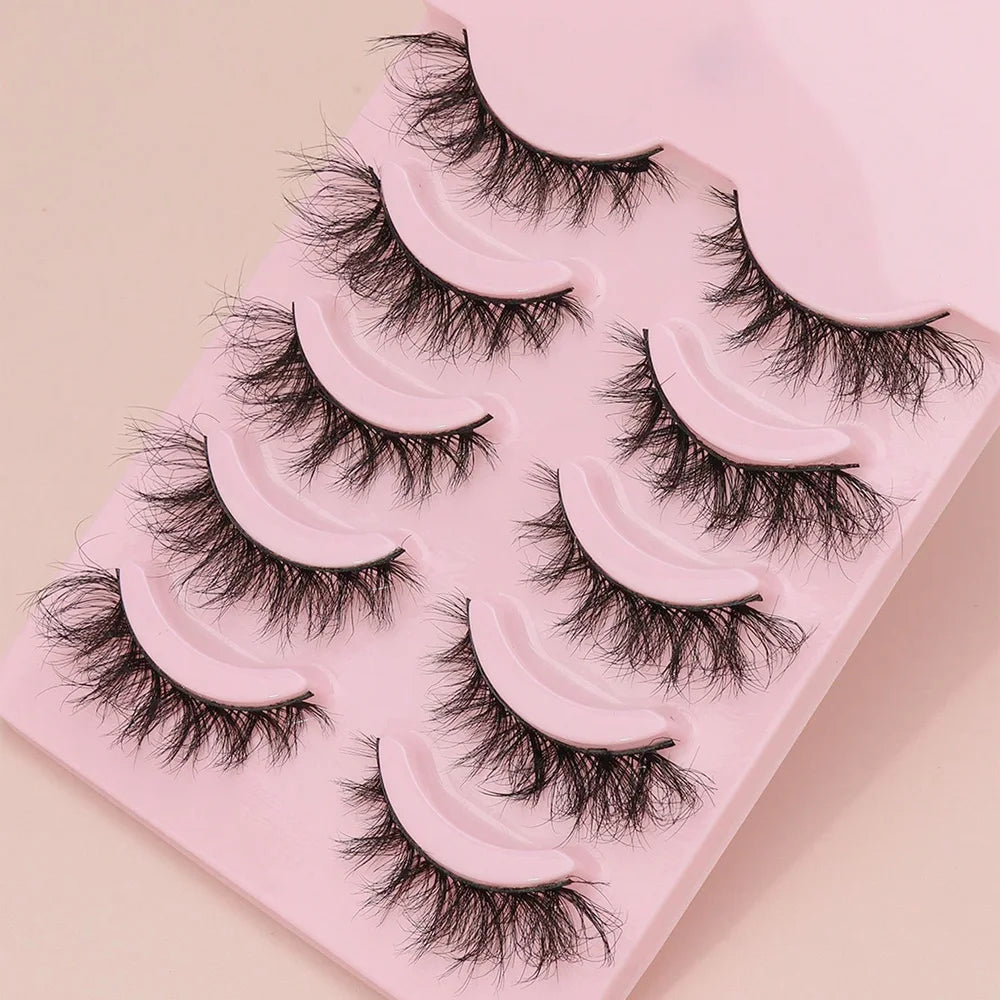5 Pairs Cat Eye Faux Mink Eyelashes – Winged Long Natural Manga Style False Lashes Makeup Set
