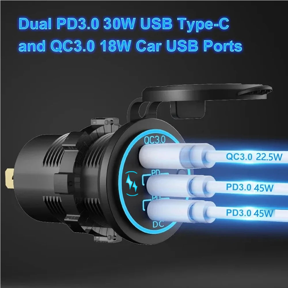 78W Dual USB C Car Charger Socket - PD3.0 & QC3.0 Fast Charging Adapter with LED Touch Switch for 12V/24V Vehicles