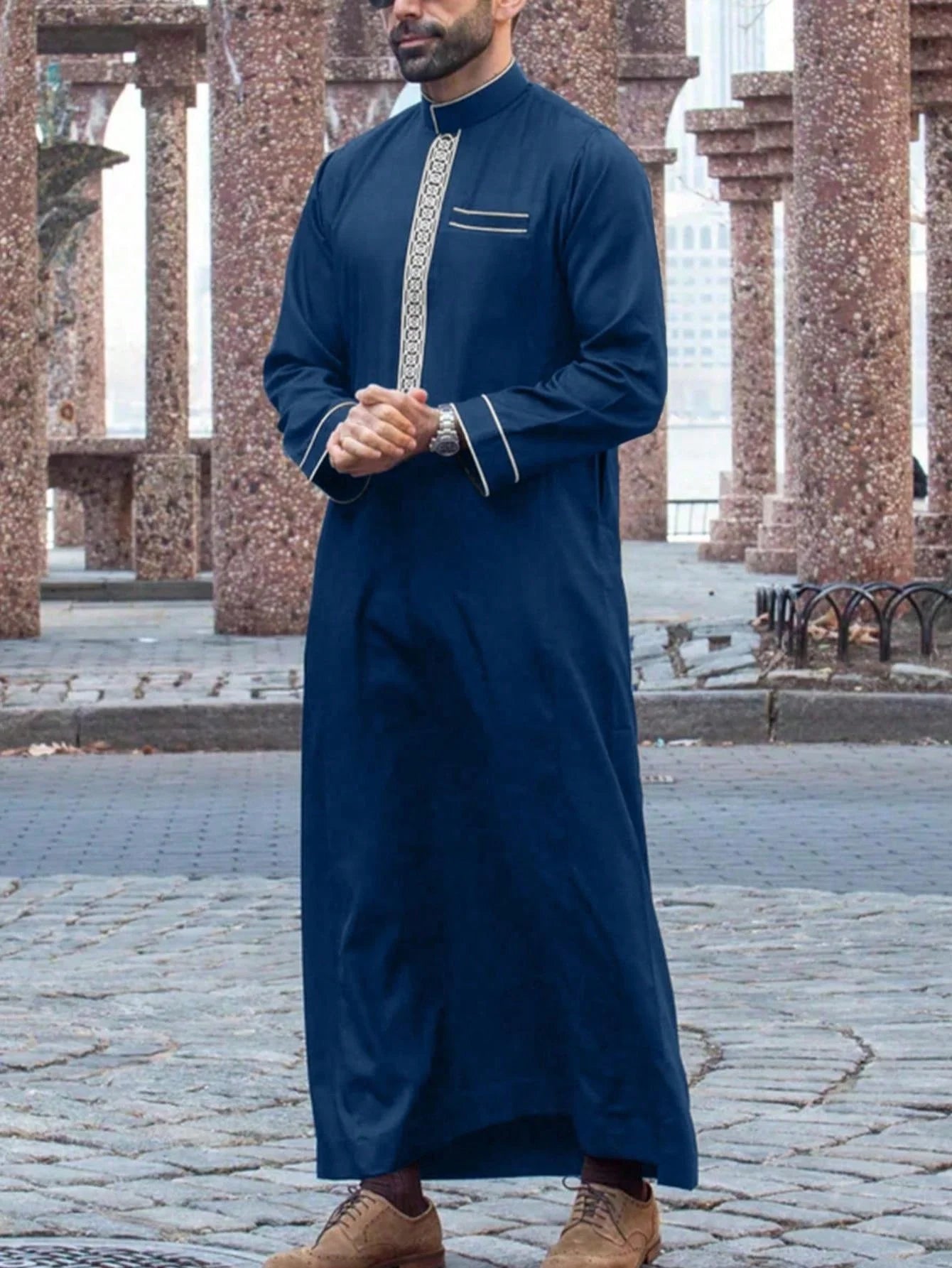 Men’s Embroidered Arabian Thobe - Traditional Islamic Long Sleeve Robe with Stand Collar