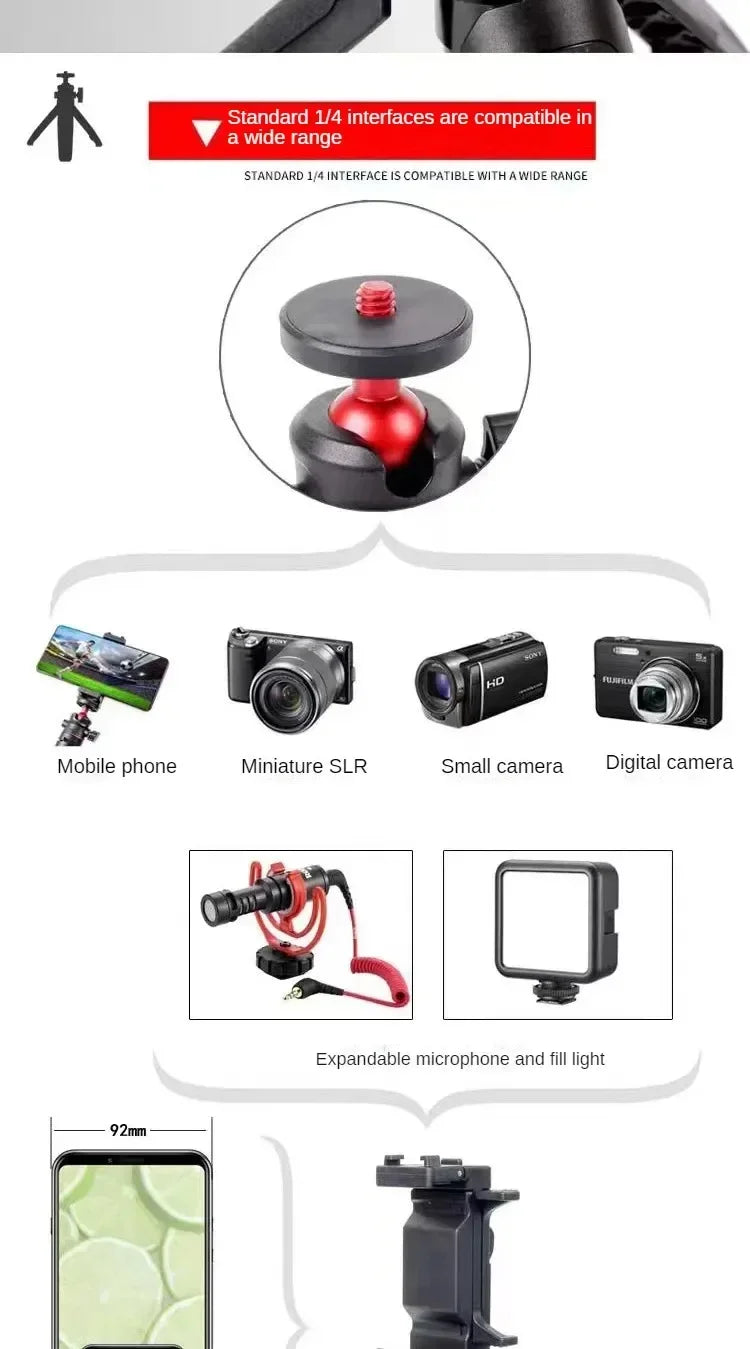 MT-08 Mini Extendable Desktop Tripod – Handheld Photography Stand with Flexible Ballhead & 1/4" Screw Mount for Selfies