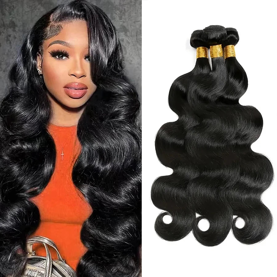 Body Wave Bundles – 100% Brazilian Human Hair Weave Extensions, Natural Black, 3PCS Bundle Deal