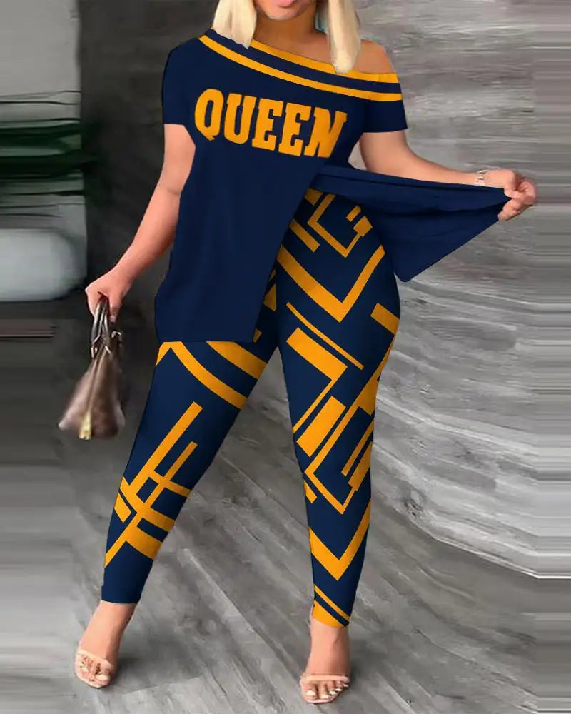 Elegant Women’s Two-Piece Set – Printed Ruffle Sleeve Top & Solid Color Pants with Belt