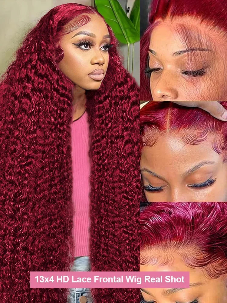 99J Burgundy Deep Wave Lace Front Wig – High Density Curly Red 13x6 HD Transparent Frontal Human Hair