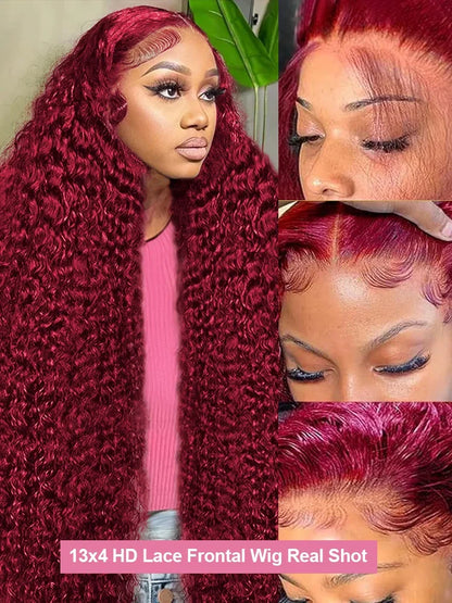 99J Burgundy Deep Wave Lace Front Wig – High Density Curly Red 13x6 HD Transparent Frontal Human Hair