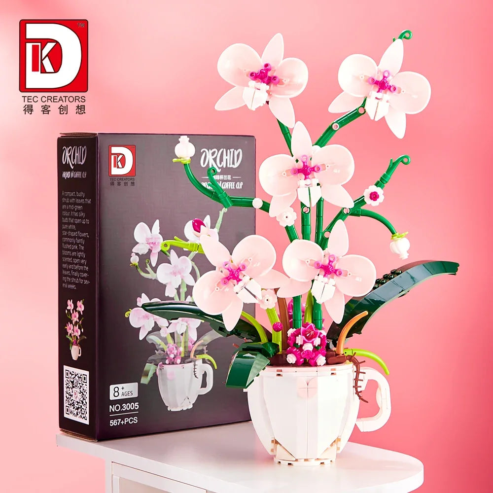 MOC Building Blocks Orchid Flower Bouquet – DIY Bonsai Plant Model for Home Decor & Kids Gift