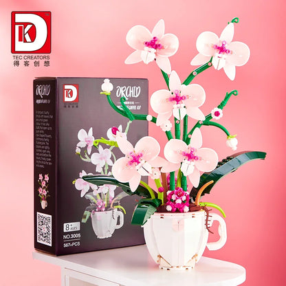 MOC Building Blocks Orchid Flower Bouquet – DIY Bonsai Plant Model for Home Decor & Kids Gift