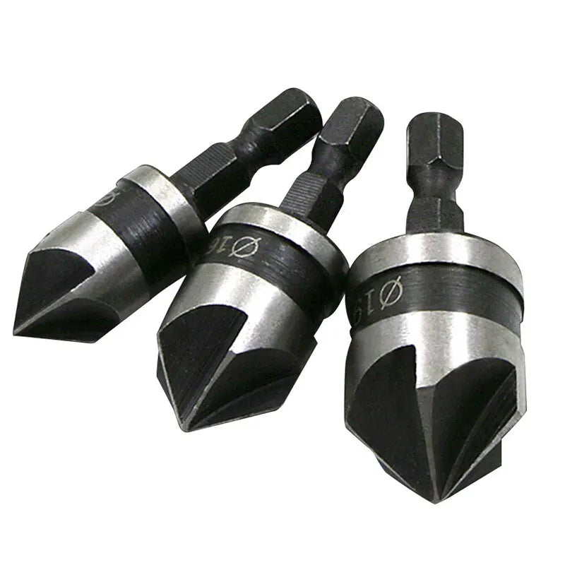 3PCS Hex Shank 90° Chamfer Drill Bit Set – 5-Blade Countersink Tool Kit 12/16/19mm for Woodworking Hole Opening