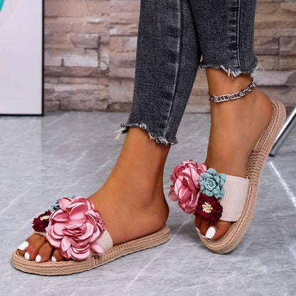 Women’s Multi-Color Flower Flat Slippers – Fashionable, Lightweight, Non-Slip Sandals for Beach, Vacation & Students