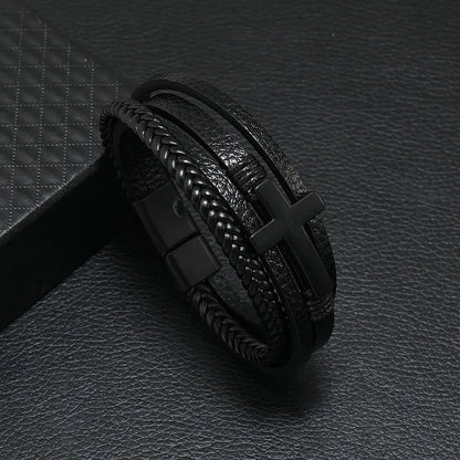 Fashion Men’s Multi-Layer Braided Leather Bracelet – Scripture, Compass & Evil Eye Design