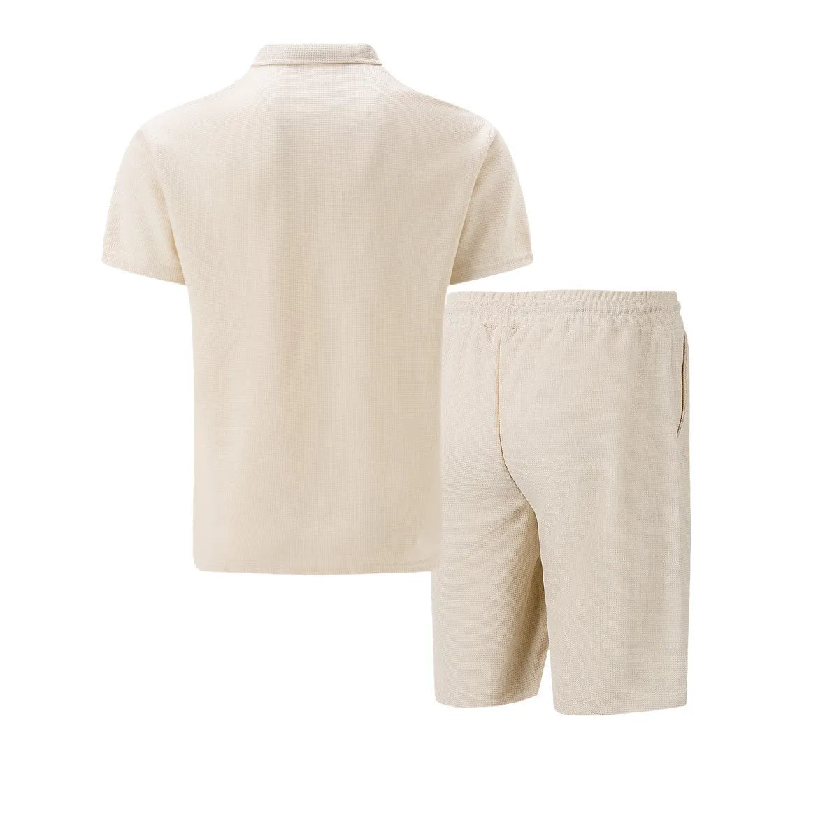 2025 Men's Summer Waffle Knit Short Set – Solid Color Zip-Up Lapel Shirt & Shorts | European & US Style