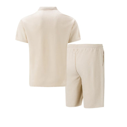 2025 Men's Summer Waffle Knit Short Set – Solid Color Zip-Up Lapel Shirt & Shorts | European & US Style
