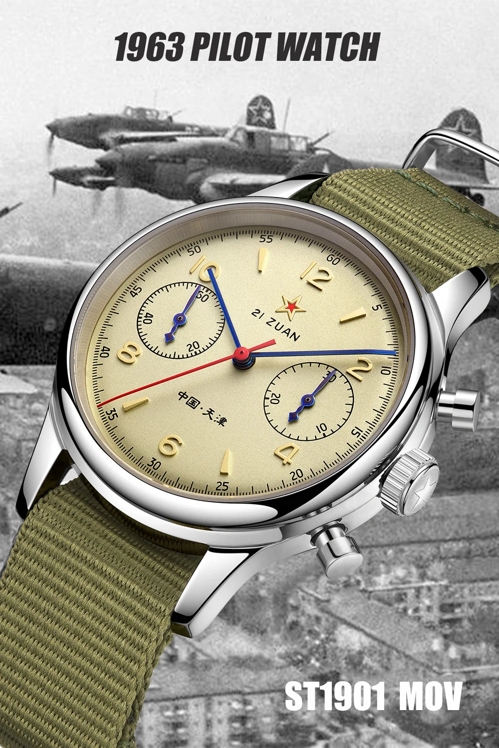 40mm 1963 Pilot Aviation Mechanical Chronograph — Original Seagull ST1901 Movement Men's Sapphire Vintage Watch