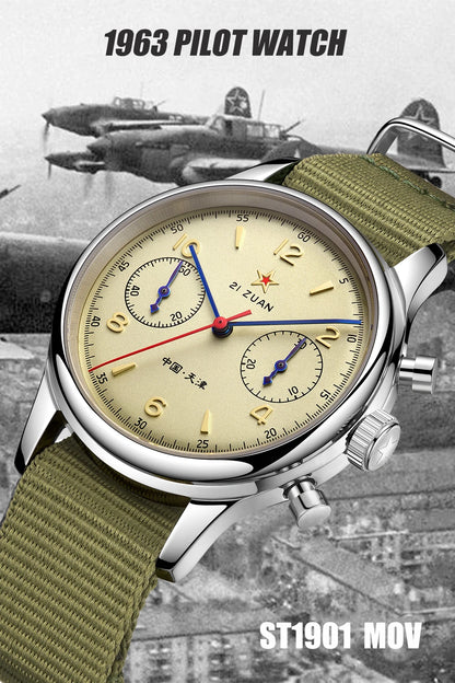 40mm 1963 Pilot Aviation Mechanical Chronograph — Original Seagull ST1901 Movement Men's Sapphire Vintage Watch