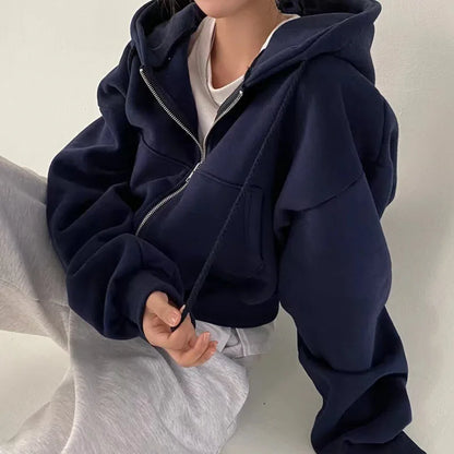 Women's Fleece-Lined Cropped Hoodie - Slim-Fit Zip-Up Sweatshirt for Warm Spring & Autumn Wear