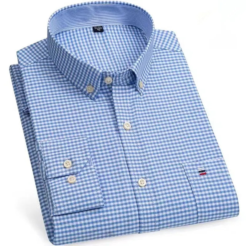Men’s Checkered Oxford Shirt - Long Sleeve Cotton Button Down Gingham Top with Single Pocket 6XL-7XL