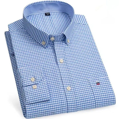 Men’s Checkered Oxford Shirt - Long Sleeve Cotton Button Down Gingham Top with Single Pocket 6XL-7XL
