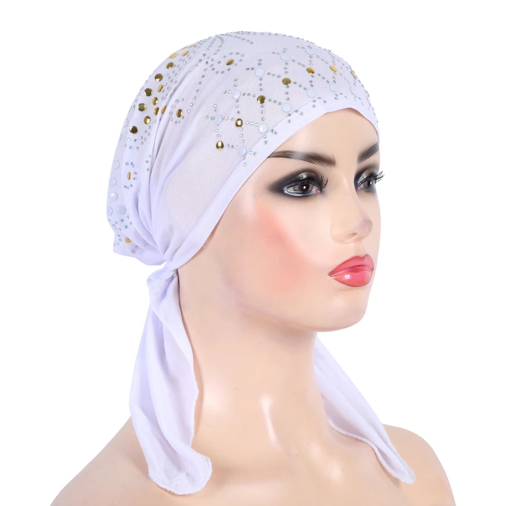 H089 Women’s Turban Hijab – Fashion Gold Sequin Islamic Headscarf, Pull-On Amira Headwrap