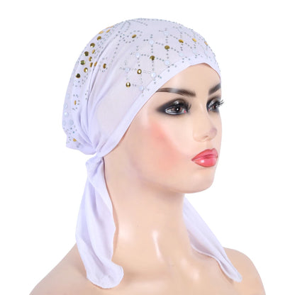 H089 Women’s Turban Hijab – Fashion Gold Sequin Islamic Headscarf, Pull-On Amira Headwrap