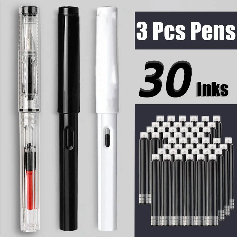 33PCS Kawaii Fountain Pen & Ink Set - Black Blue Red EF 0.38mm Replaceable Ink Pens for School Office Writing Supplies