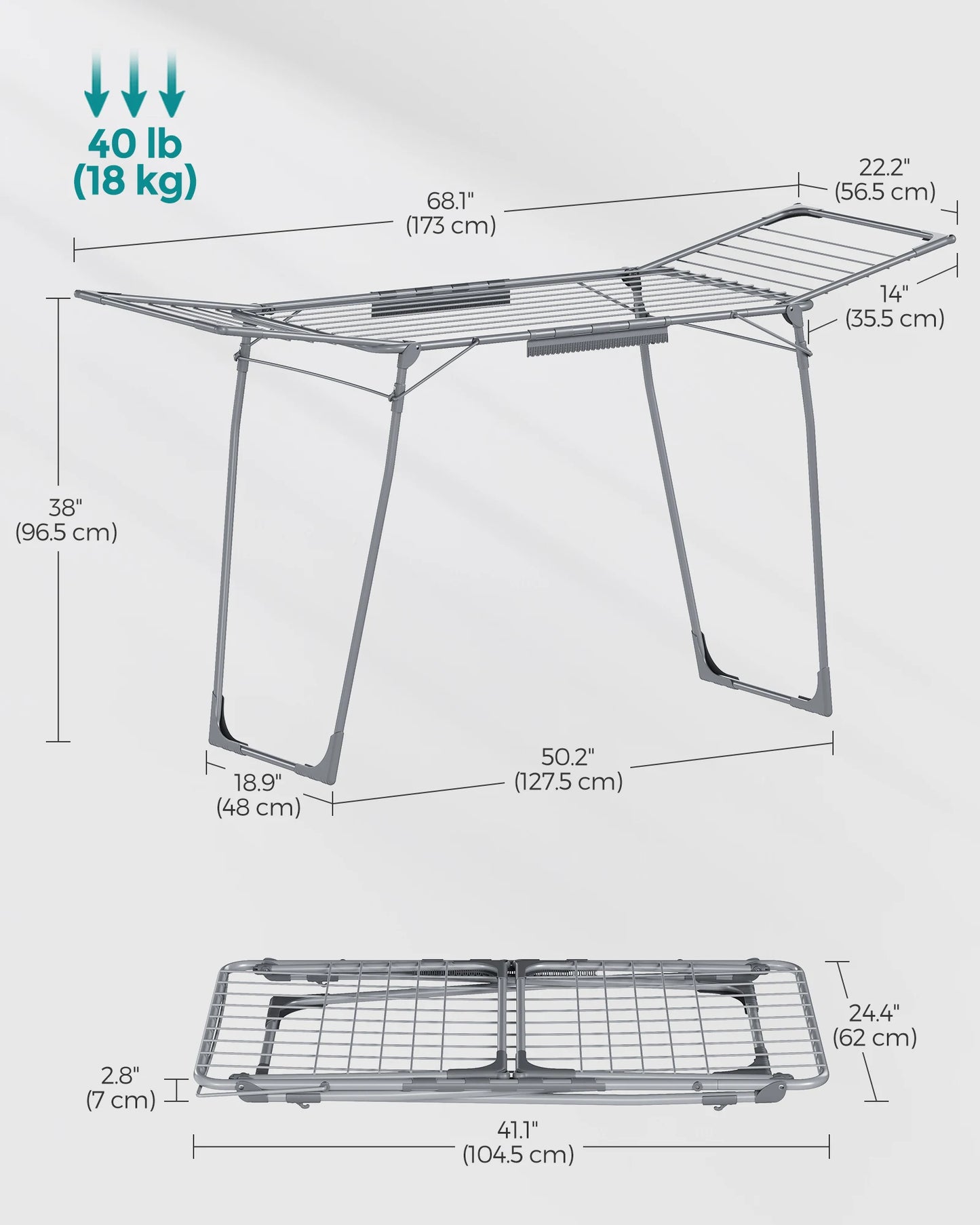 SONGMICS Foldable Gullwing Clothes Drying Rack – Space-Saving Laundry Rack with Sock Clips, 22.2"x68.1"x38"