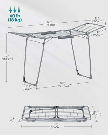 SONGMICS Foldable Gullwing Clothes Drying Rack – Space-Saving Laundry Rack with Sock Clips, 22.2"x68.1"x38"