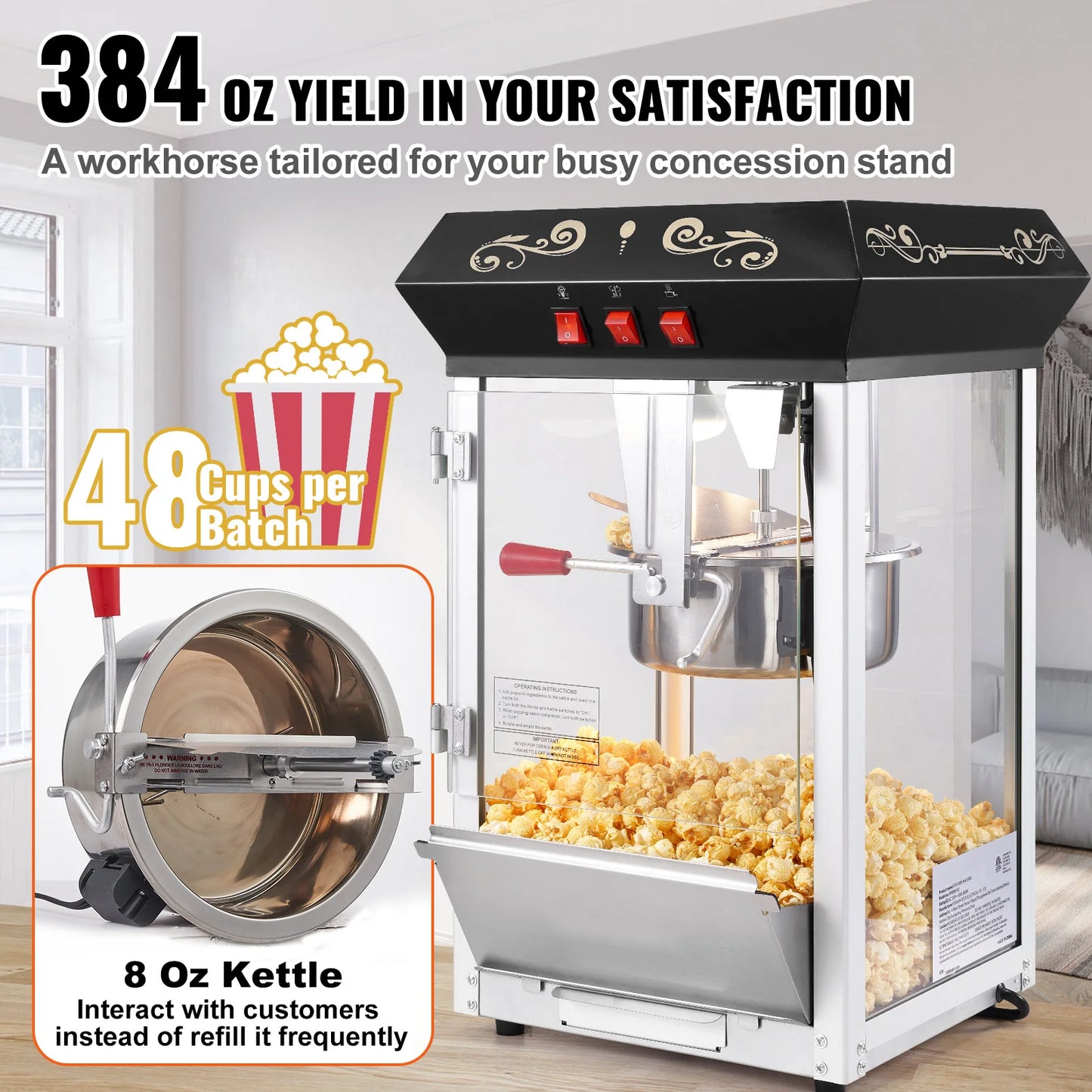 SucceBuy Commercial Popcorn Maker Machine — 850W Countertop Popper with 8oz Kettle, Makes 48 Cups
