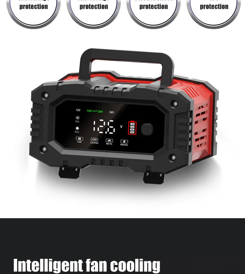 12V/24V Fully Automatic Smart Battery Charger — 7-Segment Pulse Repair for AGM, GEL, WET Lead-Acid Car Batteries