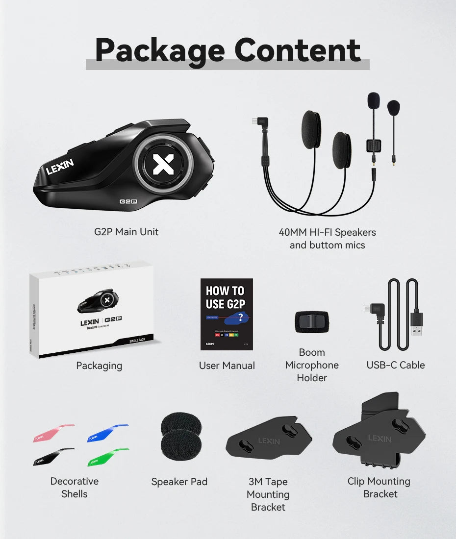 Lexin G2P Motorcycle Helmet Bluetooth Intercom – Hands-Free Communicator for Up to 6 Riders with FM Radio