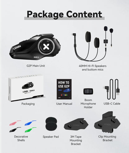 Lexin G2P Motorcycle Helmet Bluetooth Intercom – Hands-Free Communicator for Up to 6 Riders with FM Radio