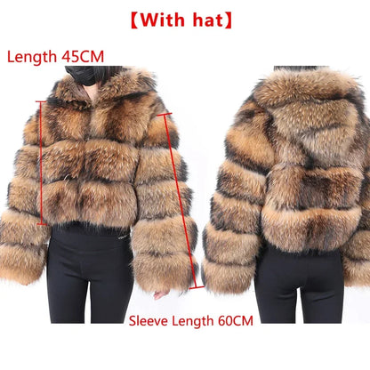 2025 Maomaokong Women’s Real Fur Coat – Natural Raccoon & Fox Fur Jacket with Hood, Warm Winter Outerwear