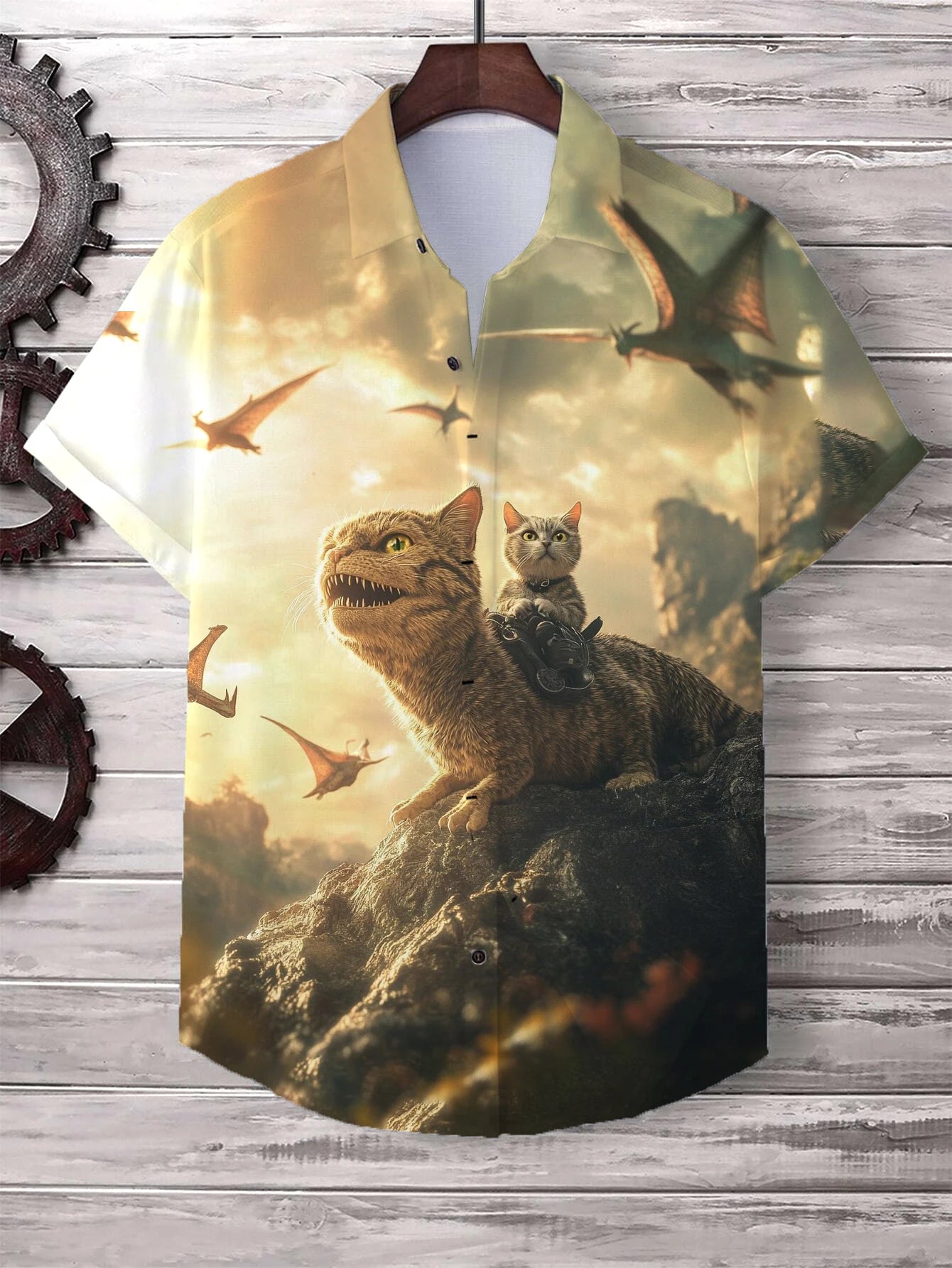 Men’s Cat Graphic Button Down Shirt - Oversized Short Sleeve Summer Hawaiian Vacation Top