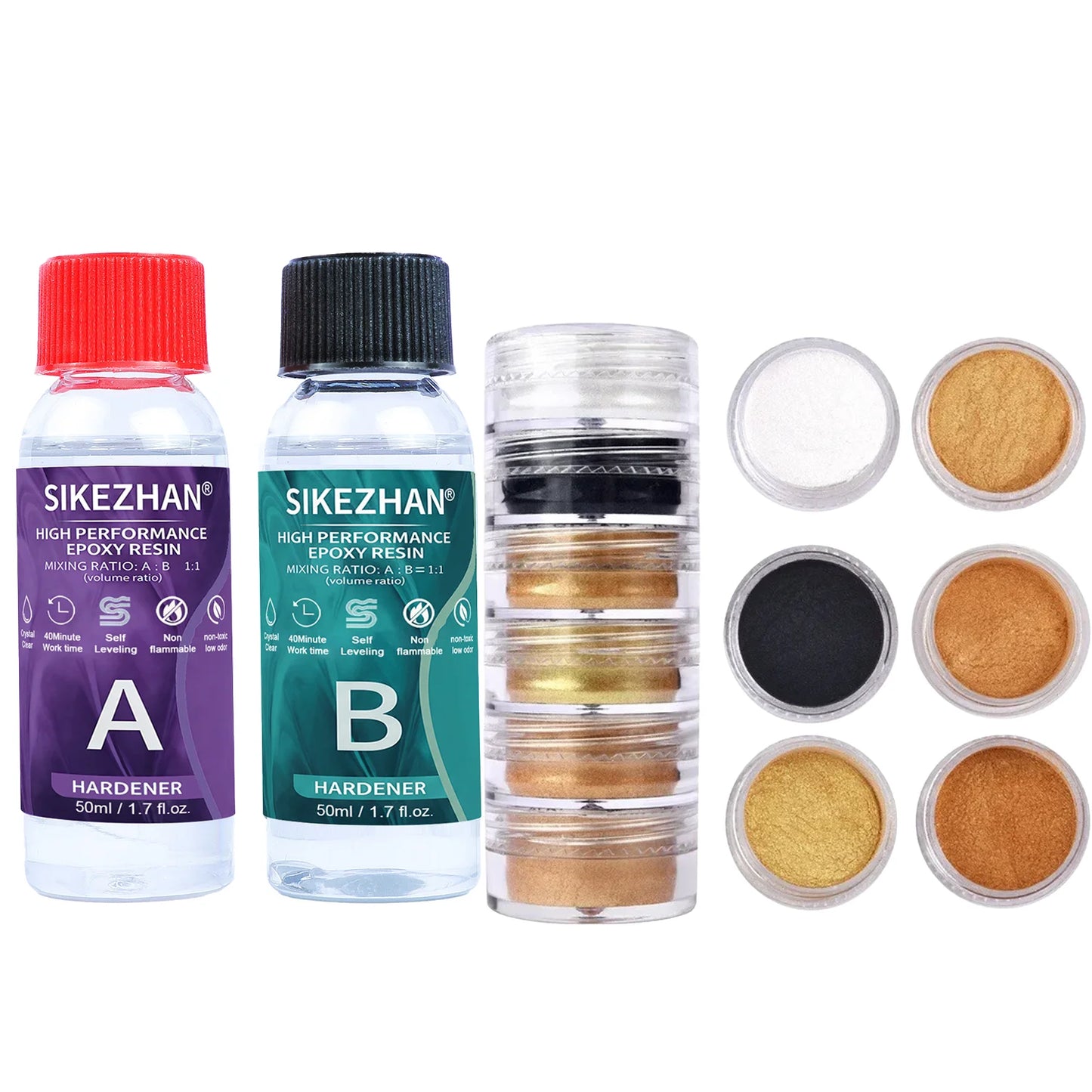 Crystal Clear Epoxy Resin Kit - AB Resin Glue with 6 Color Mica Powder for DIY Jewelry, Nail Art, Soap & Craft Casting