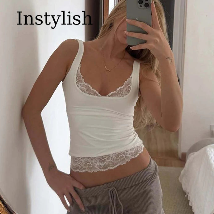 Women’s Square Collar Backless Lace Tank Top – Slim Fit Ruffle Patchwork Y2K Sexy Summer Party & Vacation Crop Top