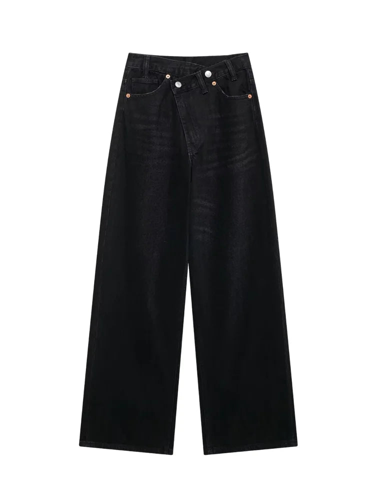 TRAF Women’s Basic Hundred Jeans — High Waist Asymmetric Wide-Leg Trousers, Casual Straight-Leg Fashion Jeans