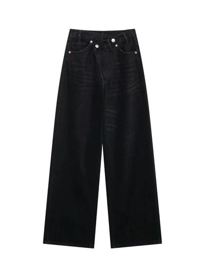 TRAF Women’s Basic Hundred Jeans — High Waist Asymmetric Wide-Leg Trousers, Casual Straight-Leg Fashion Jeans
