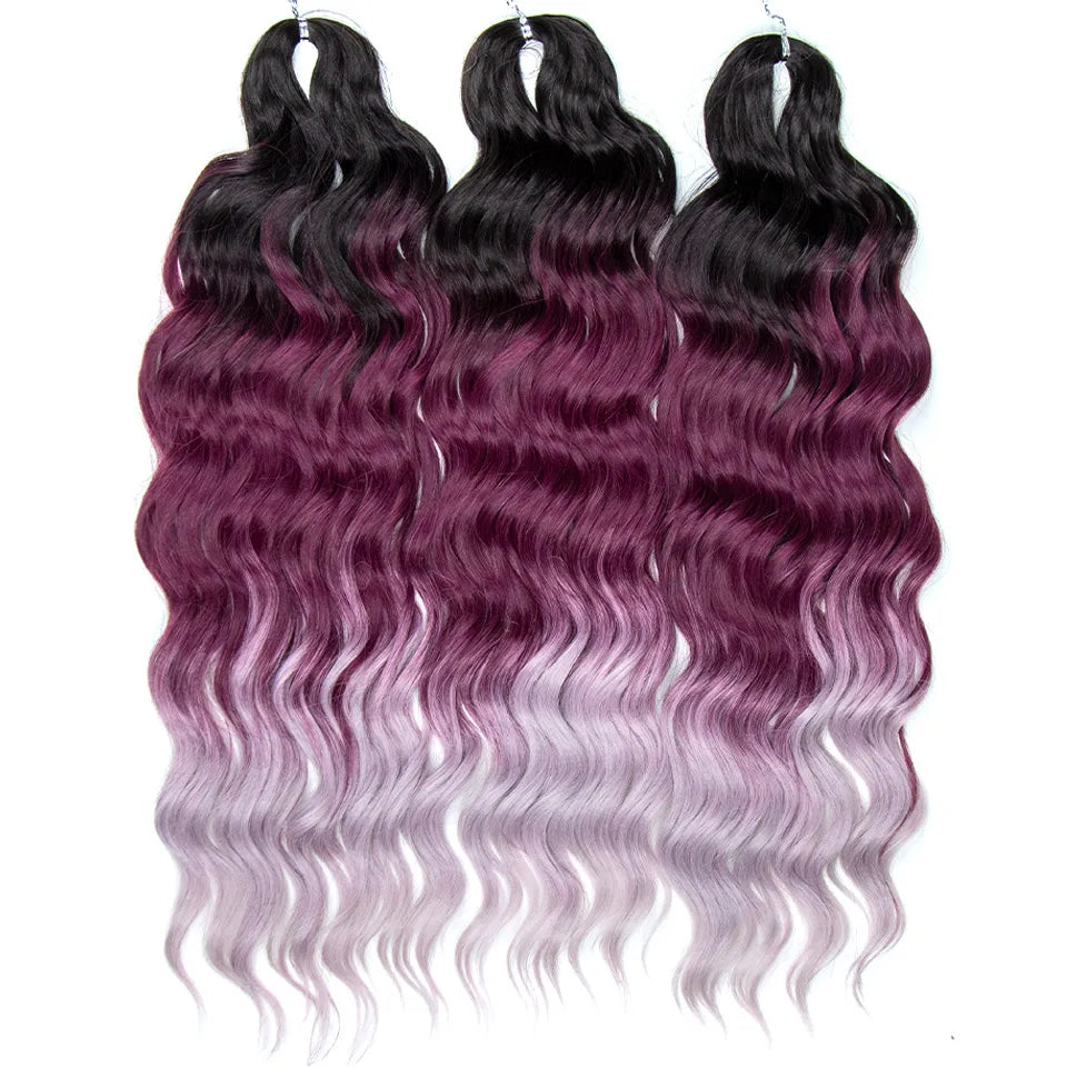 FASHION IDOL 24" Deep Wave Crochet Hair - 3-Piece Synthetic Water Wave Braiding Extensions, Ombre Rainbow Twist Hair