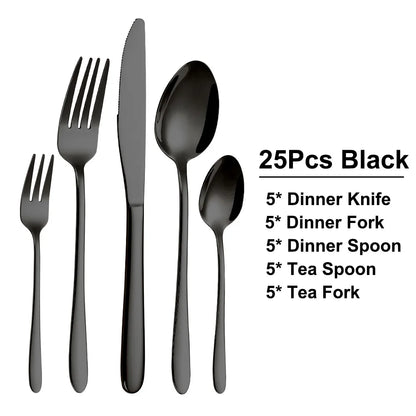 30/35/40-Piece Western Tableware Set – Elegant Black Stainless Steel Cutlery with Mirror Finish, Knife, Fork, Spoon for Kitchen and Dining