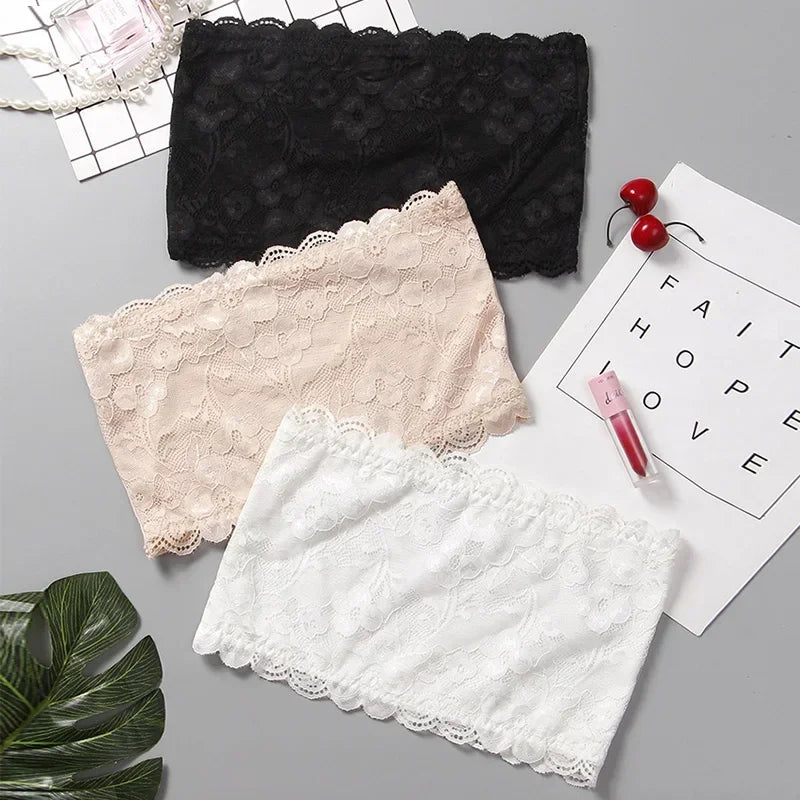 Women Sexy Lace Tube Top Push Up Strapless Bra, Invisible Bustier Bandeau Wrapped Chest Bralette Intimates Crop Top