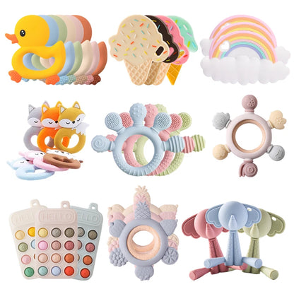 Baby Silicone Teether Toy - Cartoon Rattle Gum Relief Infant Teething Accessory for 0-12 Months