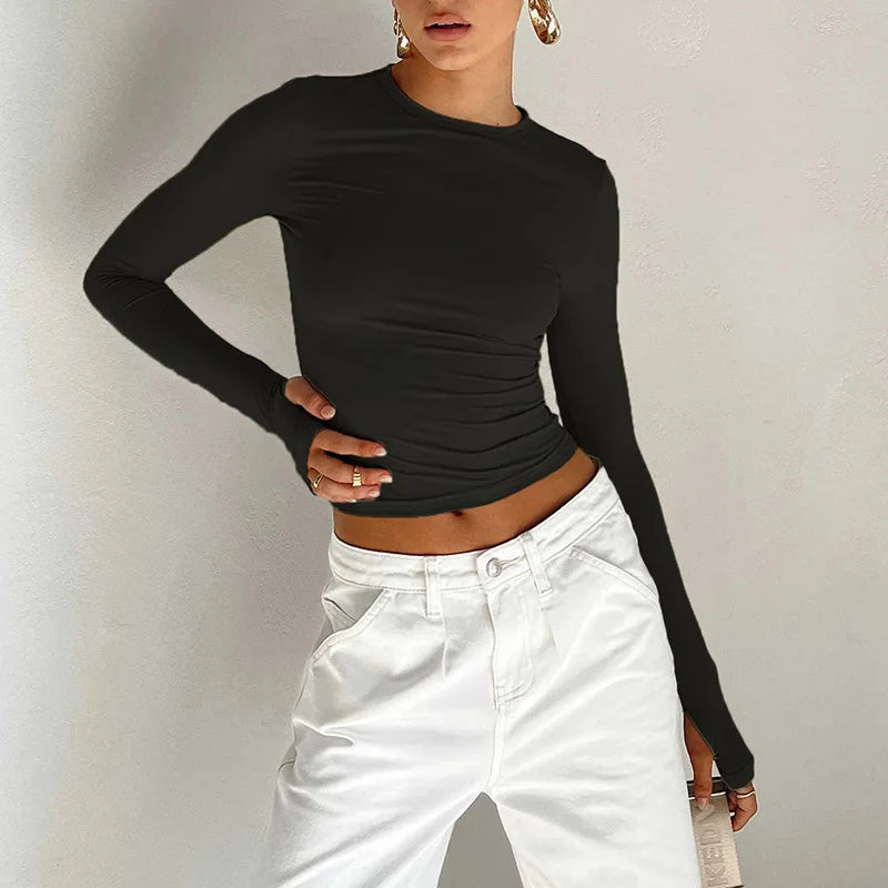 Women’s Long Sleeve Slim Fit Crop Top T-Shirt – Crew Neck Solid Color Thumb Hole Streetwear Summer Camisole Top