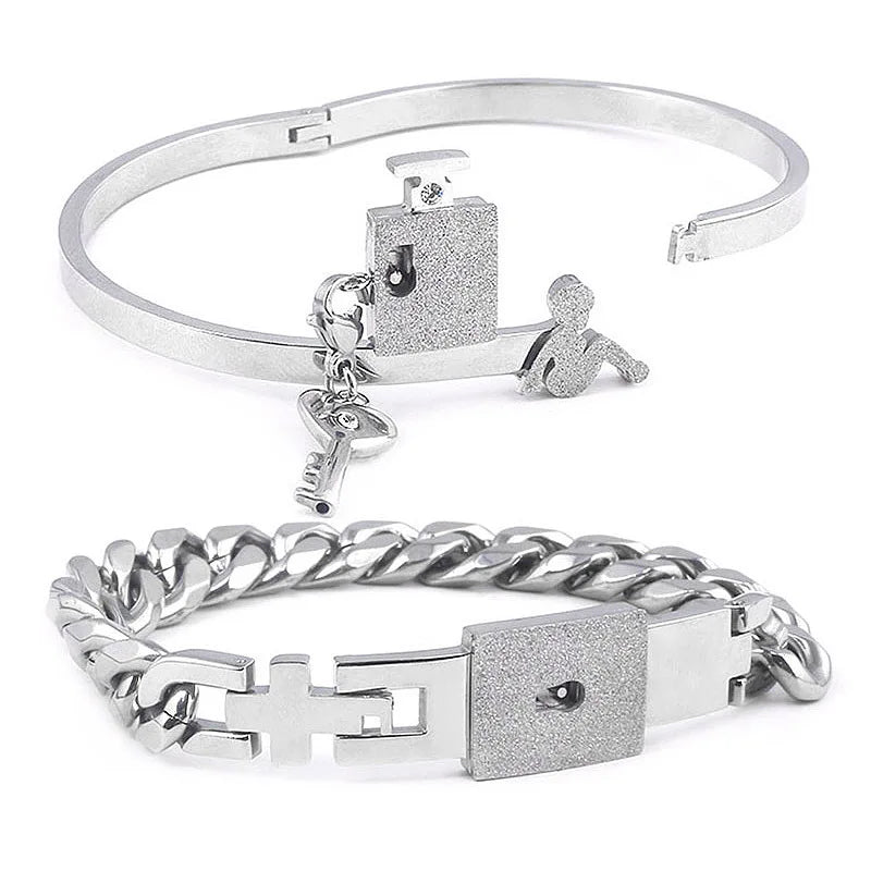 Couple Stainless Steel Love Lock Bracelet with Key Pendant Necklace – Romantic Jewelry Gift for Men and Women