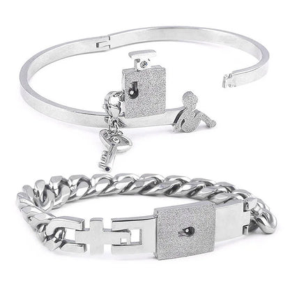 Couple Stainless Steel Love Lock Bracelet with Key Pendant Necklace – Romantic Jewelry Gift for Men and Women